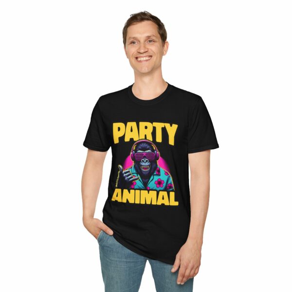 Party Animal Funny Retro 80s Hawaii Deejay Gorilla Shaka Unisex Softstyle T-Shirt - Image 4