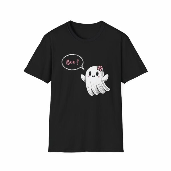 Cute Halloween Happy Girl Ghost Pink Flower says Spooky Boo Unisex Softstyle T-Shirt