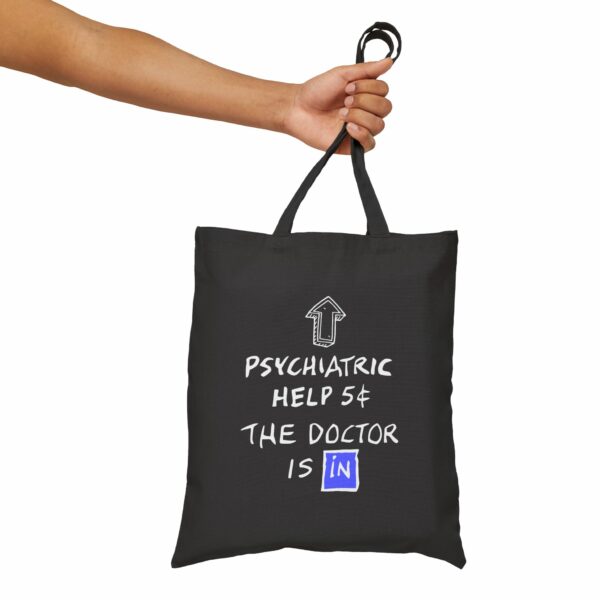 Funny Psychiatric Help 5 Cents Quote - The Doctor Is In Retro Design Cotton Canvas Tote Bag - Image 2