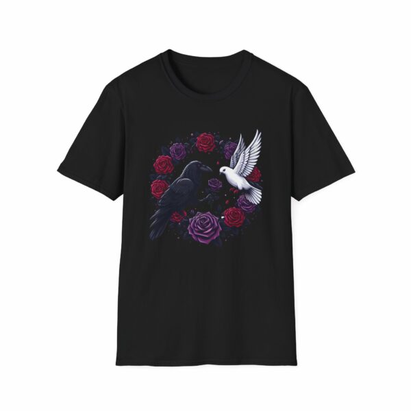 Black Raven Crow White Dove Purple Red Roses - Love of the Opposites Design Unisex Softstyle T-Shirt - Image 12