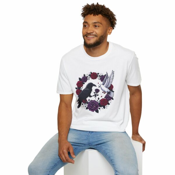 Black Raven Crow White Dove Purple Red Roses - Love of the Opposites Design Unisex Softstyle T-Shirt - Image 11