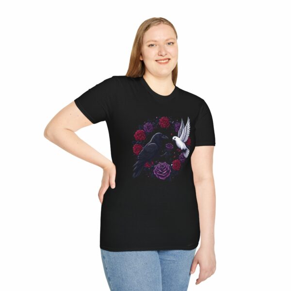 Black Raven Crow White Dove Purple Red Roses - Love of the Opposites Design Unisex Softstyle T-Shirt - Image 13