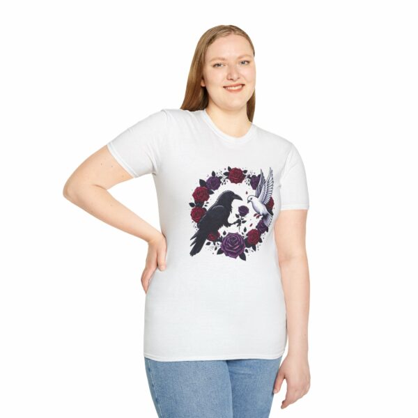 Black Raven Crow White Dove Purple Red Roses - Love of the Opposites Design Unisex Softstyle T-Shirt - Image 8