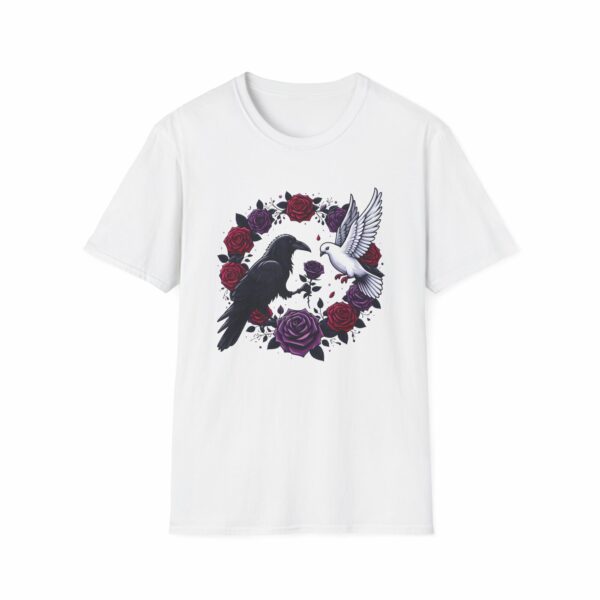 Black Raven Crow White Dove Purple Red Roses - Love of the Opposites Design Unisex Softstyle T-Shirt - Image 7