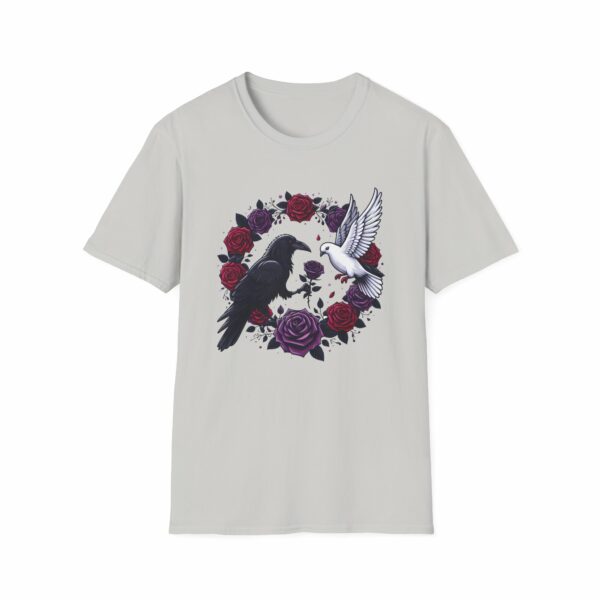 Black Raven Crow White Dove Purple Red Roses - Love of the Opposites Design Unisex Softstyle T-Shirt