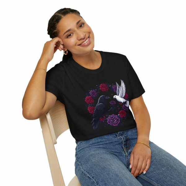 Black Raven Crow White Dove Purple Red Roses - Love of the Opposites Design Unisex Softstyle T-Shirt - Image 16