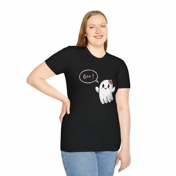 Cute Halloween Happy Girl Ghost Pink Flower says Spooky Boo Unisex Softstyle T-Shirt - Image 2