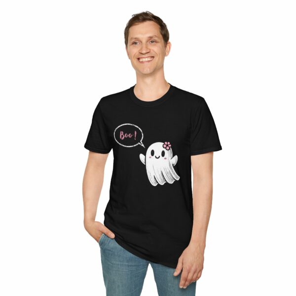 Cute Halloween Happy Girl Ghost Pink Flower says Spooky Boo Unisex Softstyle T-Shirt - Image 3