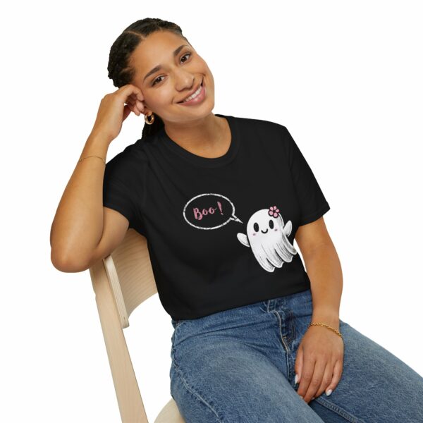 Cute Halloween Happy Girl Ghost Pink Flower says Spooky Boo Unisex Softstyle T-Shirt - Image 4