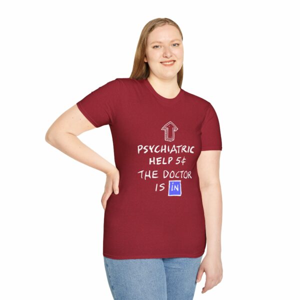 Funny Psychiatric Help 5 Cents Quote – The Doctor Is In Retro Design Unisex Softstyle T-Shirt - Image 18