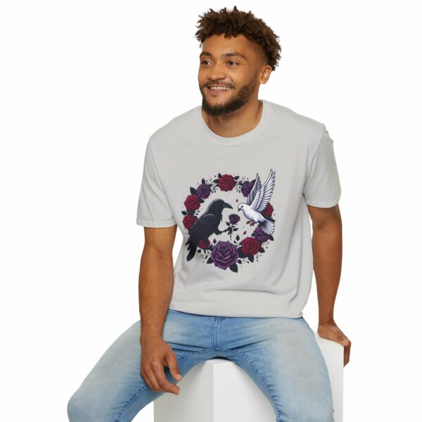 Black Raven Crow White Dove Purple Red Roses - Love of the Opposites Design Unisex Softstyle T-Shirt - Image 6