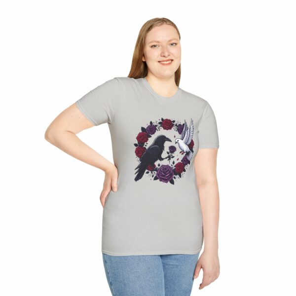 Black Raven Crow White Dove Purple Red Roses - Love of the Opposites Design Unisex Softstyle T-Shirt - Image 3