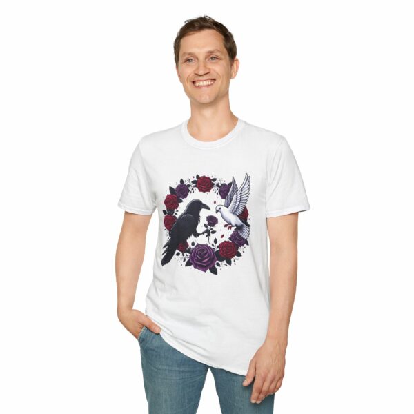 Black Raven Crow White Dove Purple Red Roses - Love of the Opposites Design Unisex Softstyle T-Shirt - Image 9