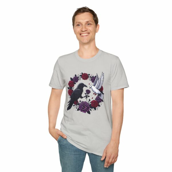 Black Raven Crow White Dove Purple Red Roses - Love of the Opposites Design Unisex Softstyle T-Shirt - Image 4