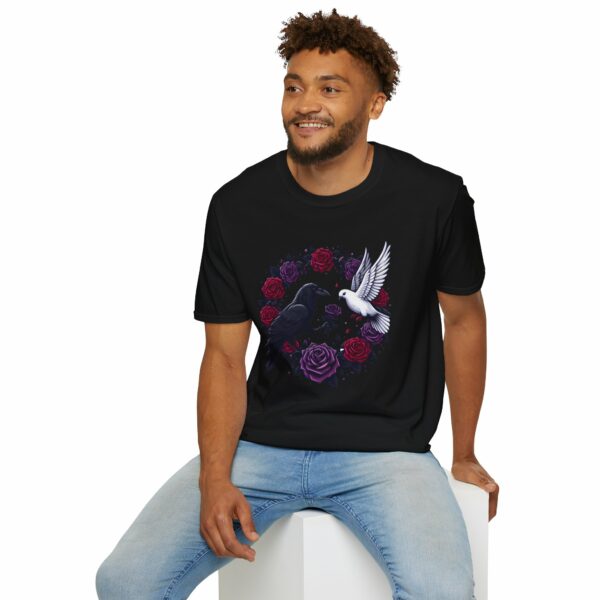 Black Raven Crow White Dove Purple Red Roses - Love of the Opposites Design Unisex Softstyle T-Shirt - Image 17