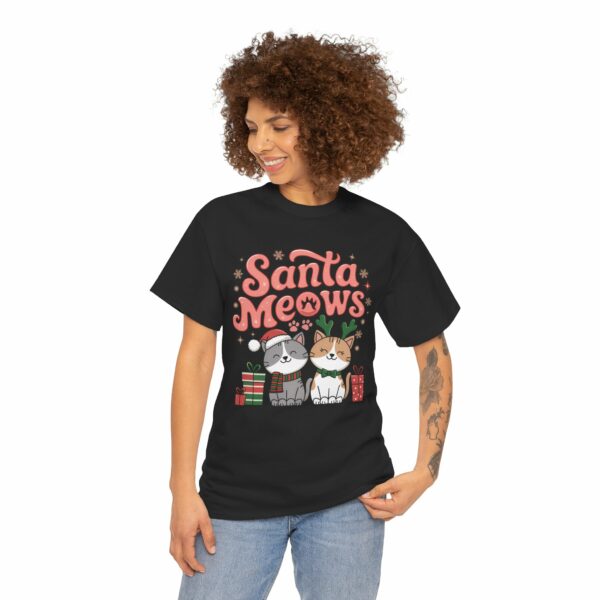 Santa Meows Cute Festive Cats Christmas Design with Santa Hat, Reindeer Antlers, Holiday Gifts & Snowflakes Unisex Heavy Cotton Tee - Image 2