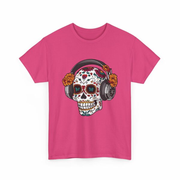 Sugar Skull with Headpones - La Sacra Musica -  Dia Dos Muertos Mardi Gras Halloween Decorated Skeleton Unisex Heavy Cotton Tee