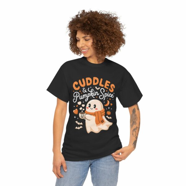 Autumn Halloween Cute Ghost Pumpkin Spice Cuddles Fall Fun Happy Design Unisex Heavy Cotton Tee - Image 2