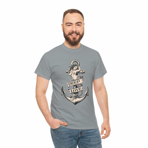 Mermaid and Anchor Deep Love Tattoo Design – Old School Marine Sailor Legends Art Unisex Heavy Cotton Tee - Image 10