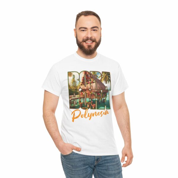 Bora Bora Polynesia Stilt House on Atoll with Palms Sunset Travel Photo Letter Art Design Unisex Heavy Cotton Tee - Image 7