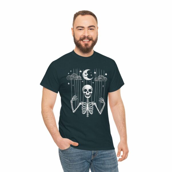 Puppet Skeleton under a fool Halloween starry Night Sickle Moon Gothic Naive Design Unisex Heavy Cotton Tee - Image 6