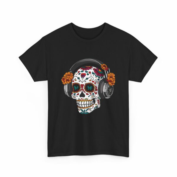 Sugar Skull with Headpones - La Sacra Musica -  Dia Dos Muertos Mardi Gras Halloween Decorated Skeleton Unisex Heavy Cotton Tee - Image 7