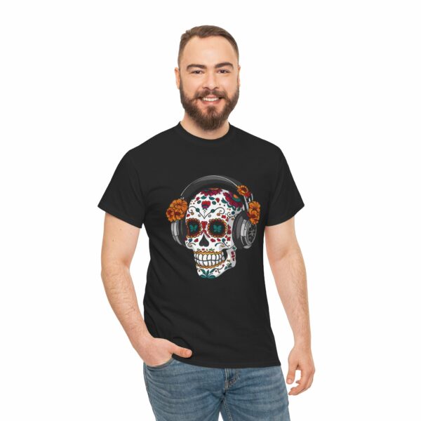 Sugar Skull with Headpones - La Sacra Musica -  Dia Dos Muertos Mardi Gras Halloween Decorated Skeleton Unisex Heavy Cotton Tee - Image 9