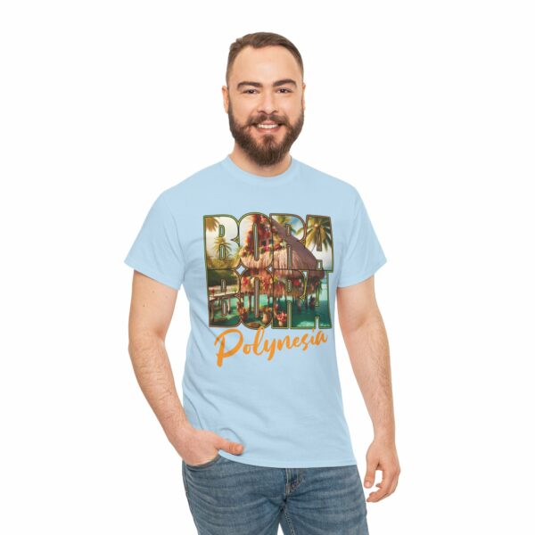 Bora Bora Polynesia Stilt House on Atoll with Palms Sunset Travel Photo Letter Art Design Unisex Heavy Cotton Tee - Image 13