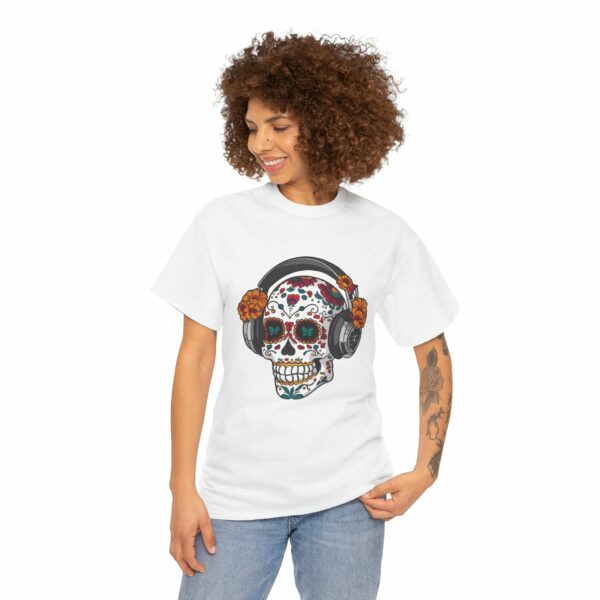 Sugar Skull with Headpones - La Sacra Musica -  Dia Dos Muertos Mardi Gras Halloween Decorated Skeleton Unisex Heavy Cotton Tee - Image 5