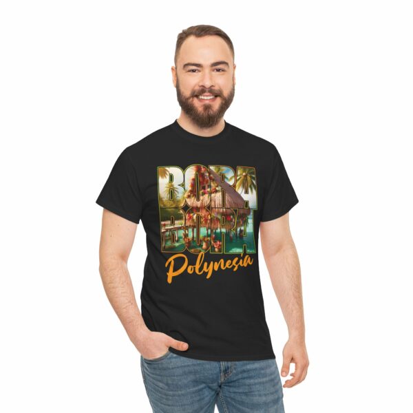 Bora Bora Polynesia Stilt House on Atoll with Palms Sunset Travel Photo Letter Art Design Unisex Heavy Cotton Tee - Image 3