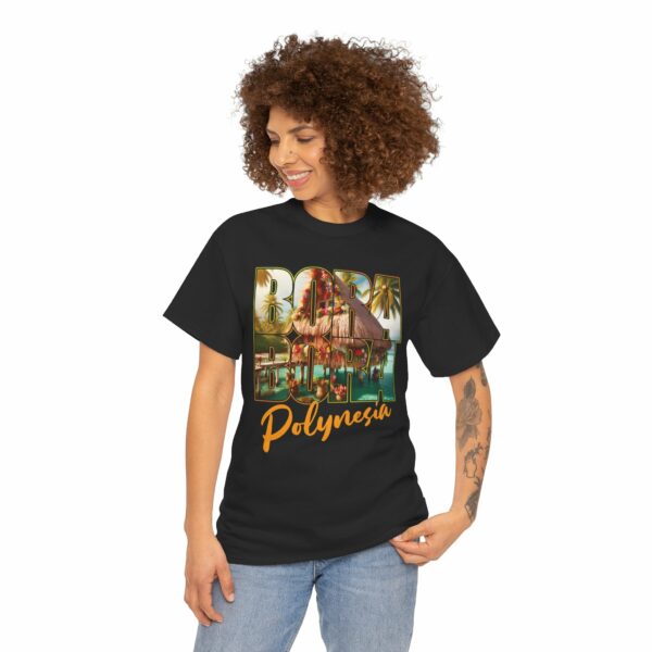 Bora Bora Polynesia Stilt House on Atoll with Palms Sunset Travel Photo Letter Art Design Unisex Heavy Cotton Tee - Image 2