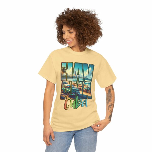 Havana Cuba Beach Panorama Promenade with Seaside Palms and Cadillac Design Unisex Heavy Cotton Tee - Image 5