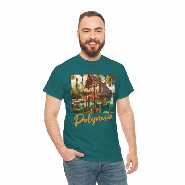 Bora Bora Polynesia Stilt House on Atoll with Palms Sunset Travel Photo Letter Art Design Unisex Heavy Cotton Tee - Image 10