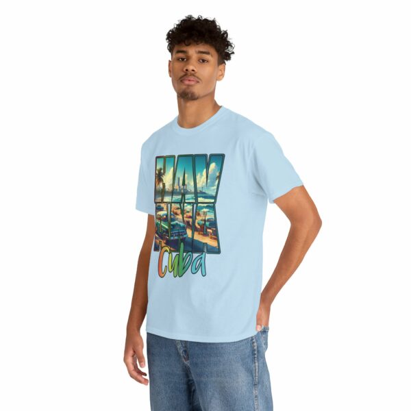 Havana Cuba Beach Panorama Promenade with Seaside Palms and Cadillac Design Unisex Heavy Cotton Tee - Image 12