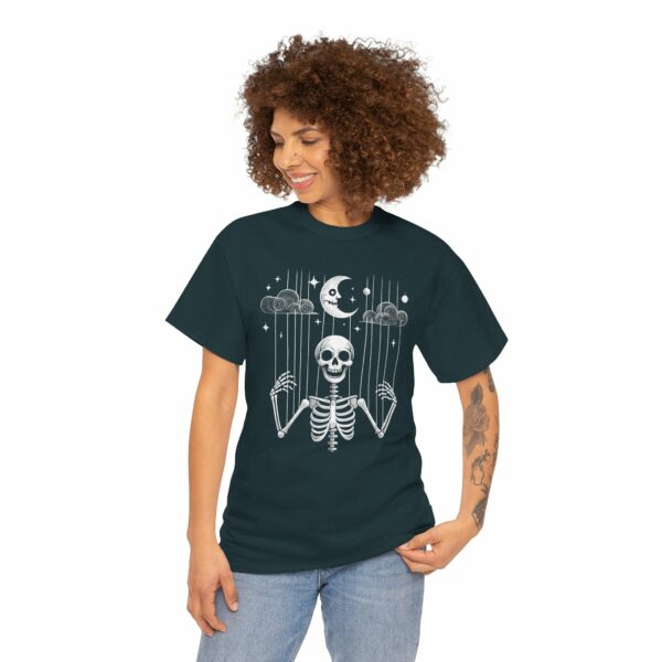 Puppet Skeleton under a fool Halloween starry Night Sickle Moon Gothic Naive Design Unisex Heavy Cotton Tee - Image 5