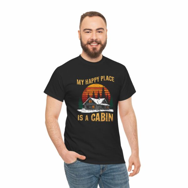 My Happy Place is a Cabin - Winter Holiday Woods Mountain lovers retro sunset design Unisex Heavy Cotton Tee - Image 3