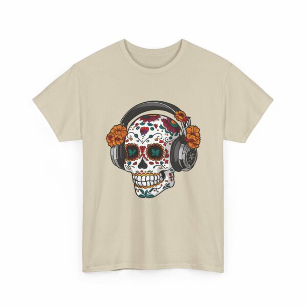 Sugar Skull with Headpones - La Sacra Musica -  Dia Dos Muertos Mardi Gras Halloween Decorated Skeleton Unisex Heavy Cotton Tee - Image 10