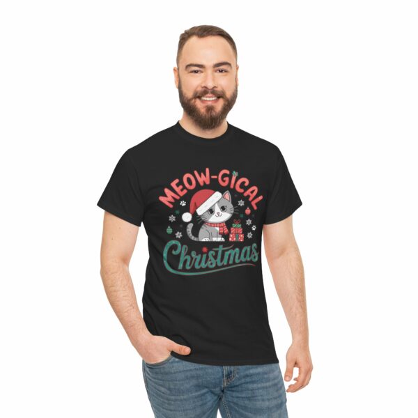 Cat Lovers Meow Magical Christmas Winter Holiday Mens Womens Happy Animal Unisex Heavy Cotton Tee - Image 3