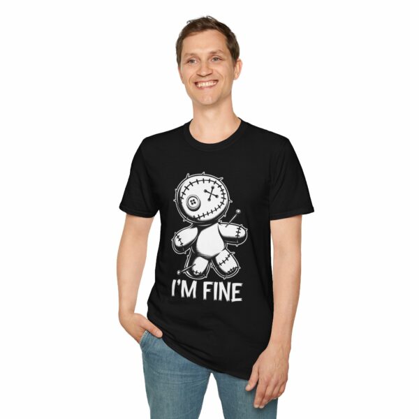 I'm Fine Voodoo Doll - Ragdoll Macabre Humor Gothic Design Unisex Softstyle T-Shirt - Image 3