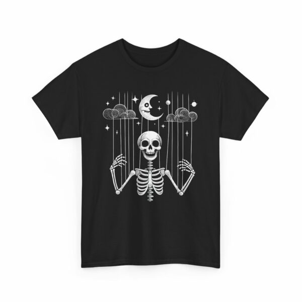 Puppet Skeleton under a fool Halloween starry Night Sickle Moon Gothic Naive Design Unisex Heavy Cotton Tee