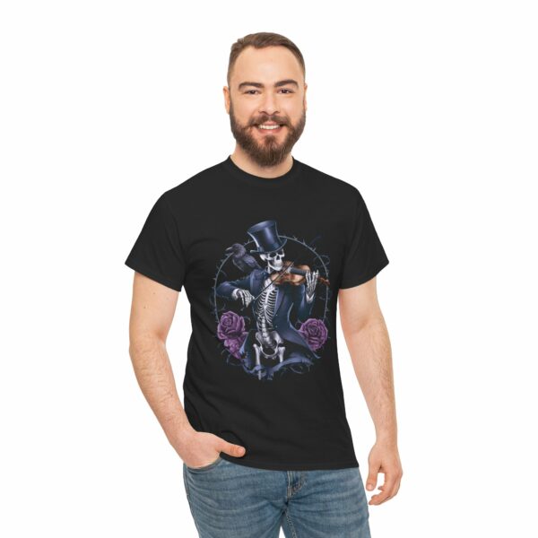 Halloween Macabre Moonlight Sonata Skeleton playing Violin Crow Rose Design Unisex Heavy Cotton Tee - Image 9