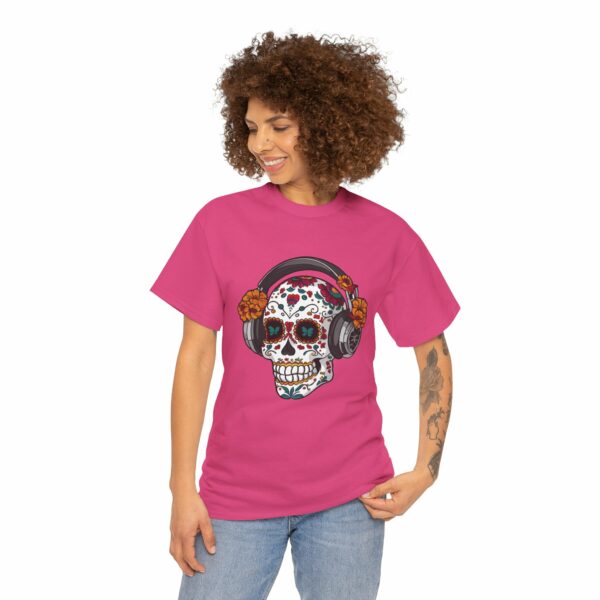 Sugar Skull with Headpones - La Sacra Musica -  Dia Dos Muertos Mardi Gras Halloween Decorated Skeleton Unisex Heavy Cotton Tee - Image 2