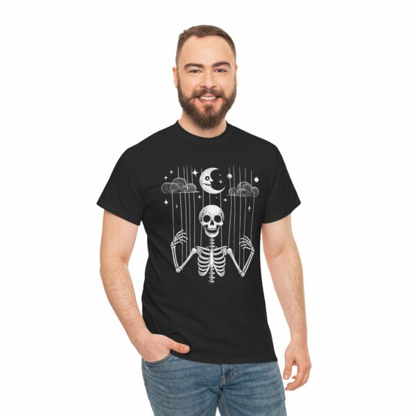 Puppet Skeleton under a fool Halloween starry Night Sickle Moon Gothic Naive Design Unisex Heavy Cotton Tee - Image 3