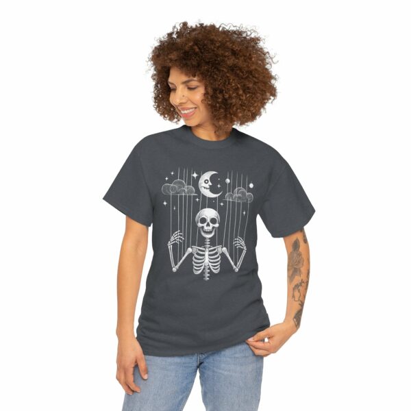 Puppet Skeleton under a fool Halloween starry Night Sickle Moon Gothic Naive Design Unisex Heavy Cotton Tee - Image 8