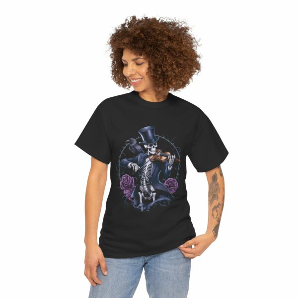 Halloween Macabre Moonlight Sonata Skeleton playing Violin Crow Rose Design Unisex Heavy Cotton Tee - Image 8