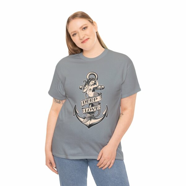 Mermaid and Anchor Deep Love Tattoo Design – Old School Marine Sailor Legends Art Unisex Heavy Cotton Tee - Image 9