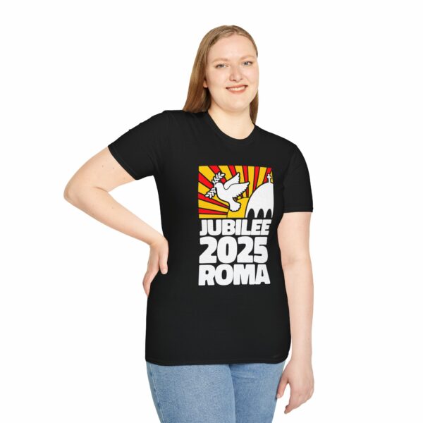 Jubilee 2025 Roma Vatican Peace Dove Red Yellow Sunrise Unisex Softstyle T-Shirt - Image 2