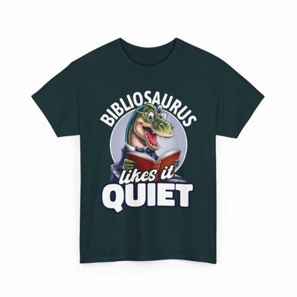 Funny Bibliosaurus Likes it Quiet Nerd Geek Reader Dinosaur Bookworm Design Design Unisex Heavy Cotton Tee - Image 4