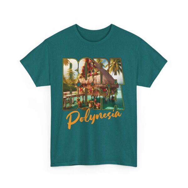 Bora Bora Polynesia Stilt House on Atoll with Palms Sunset Travel Photo Letter Art Design Unisex Heavy Cotton Tee - Image 8