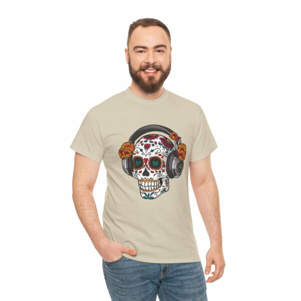 Sugar Skull with Headpones - La Sacra Musica -  Dia Dos Muertos Mardi Gras Halloween Decorated Skeleton Unisex Heavy Cotton Tee - Image 12